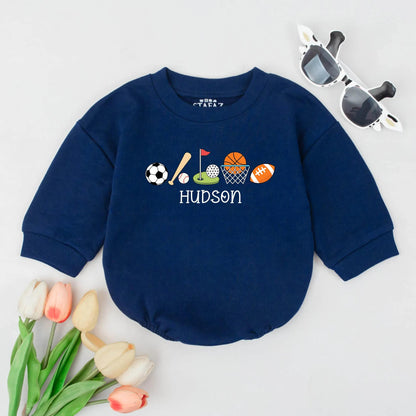Hudson Sports Boy Bubble Romper Personalized Baby Gift, Game Day Newborn Outfit, Soccer, Baseball, Football, Basketball, Golf Romper