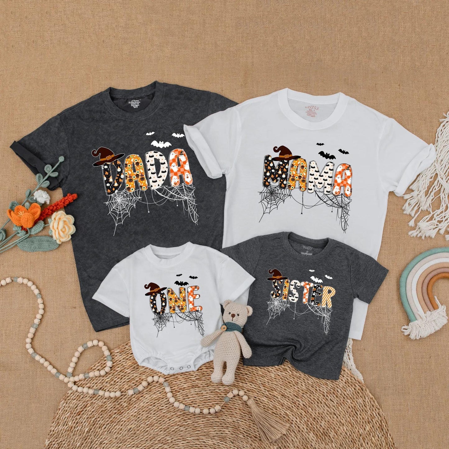 Custom Halloween Family Matching Shirts Spooky One Dad Mama Sister Bat Pumpkin Ghost Cobweb