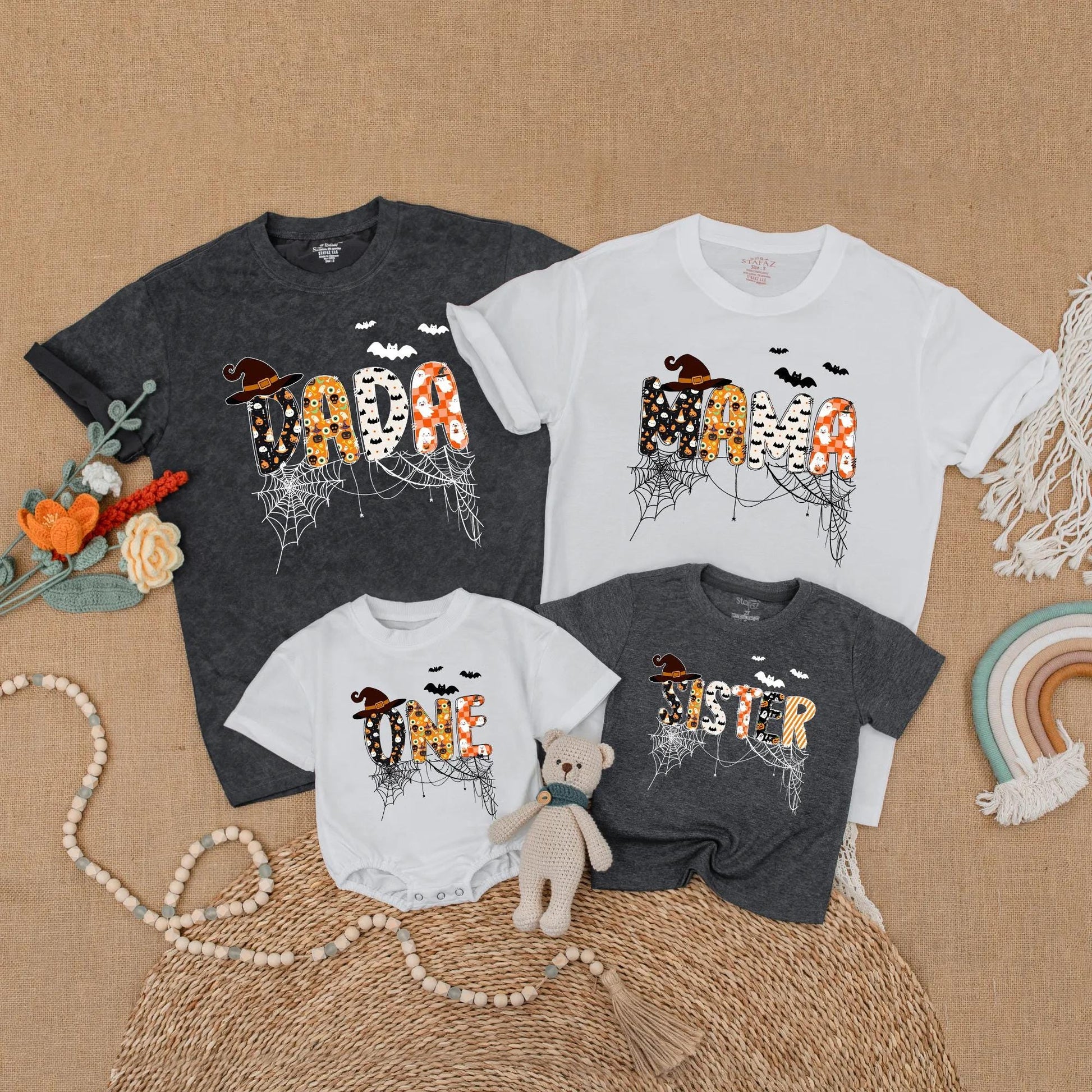 Custom Halloween Family Matching Shirts Spooky One Dad Mama Sister Bat Pumpkin Ghost Cobweb