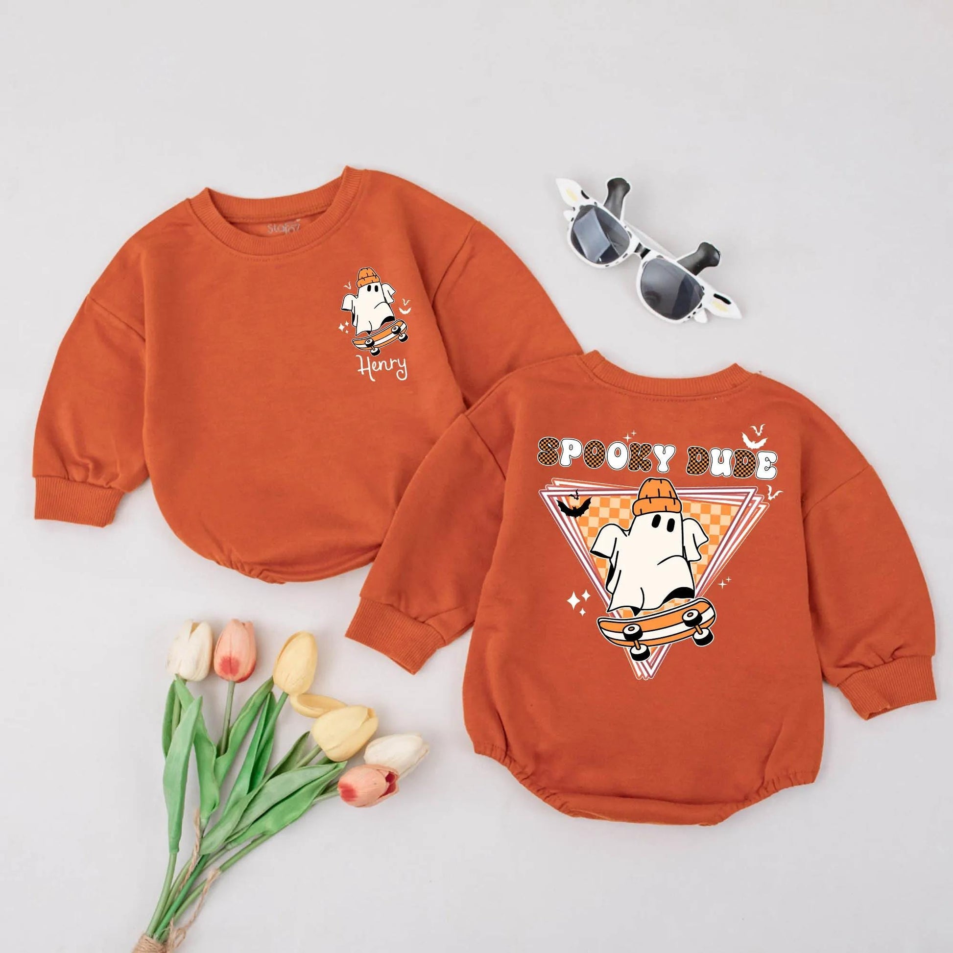 Custom Spooky Dude Skateboard Ghost Baby Romper Orange Beanie Halloween Outfit Fall Baby Shower Gift