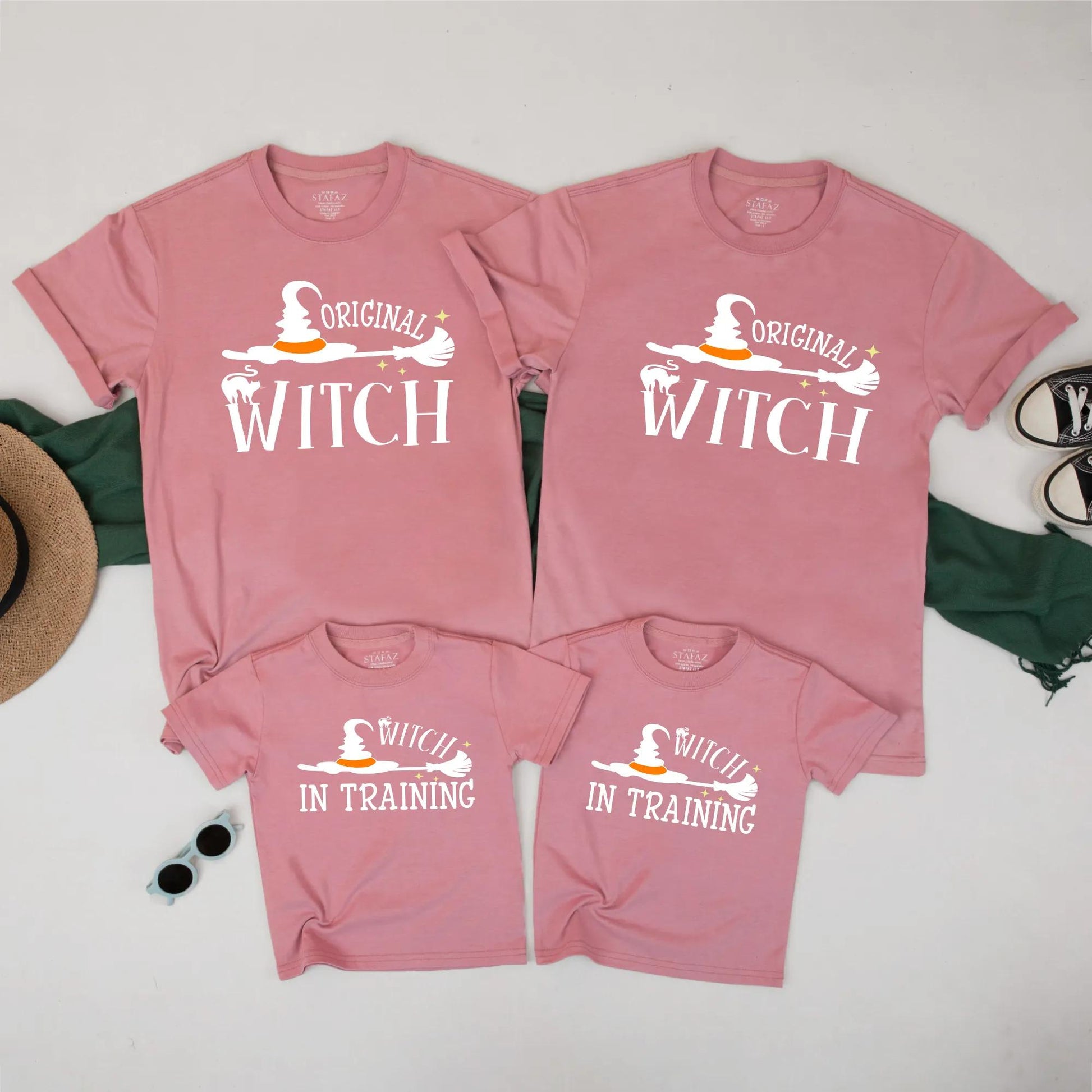 Matching Family Halloween Shirts: Witch & Witch in Training Set - Cute Spooky Fall T-Shirts for Mom and Kids - Perfect Halloween Costume Outfit