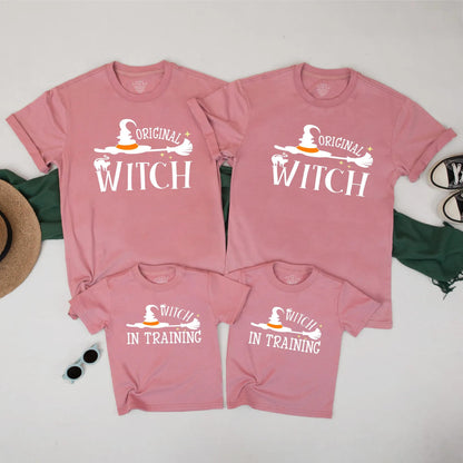 Matching Family Halloween Shirts: Witch & Witch in Training Set - Cute Spooky Fall T-Shirts for Mom and Kids - Perfect Halloween Costume Outfit