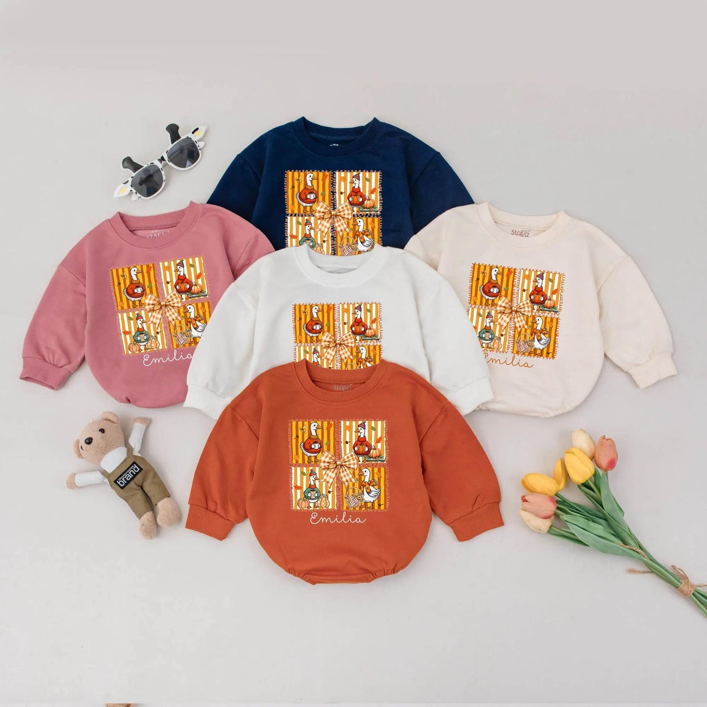 Personalized Cozy Goose Bubble Romper First Thanksgiving Baby Outfit with Orange Yellow Autumn Geese, Pumpkins, Festive Bow & Name Emilia