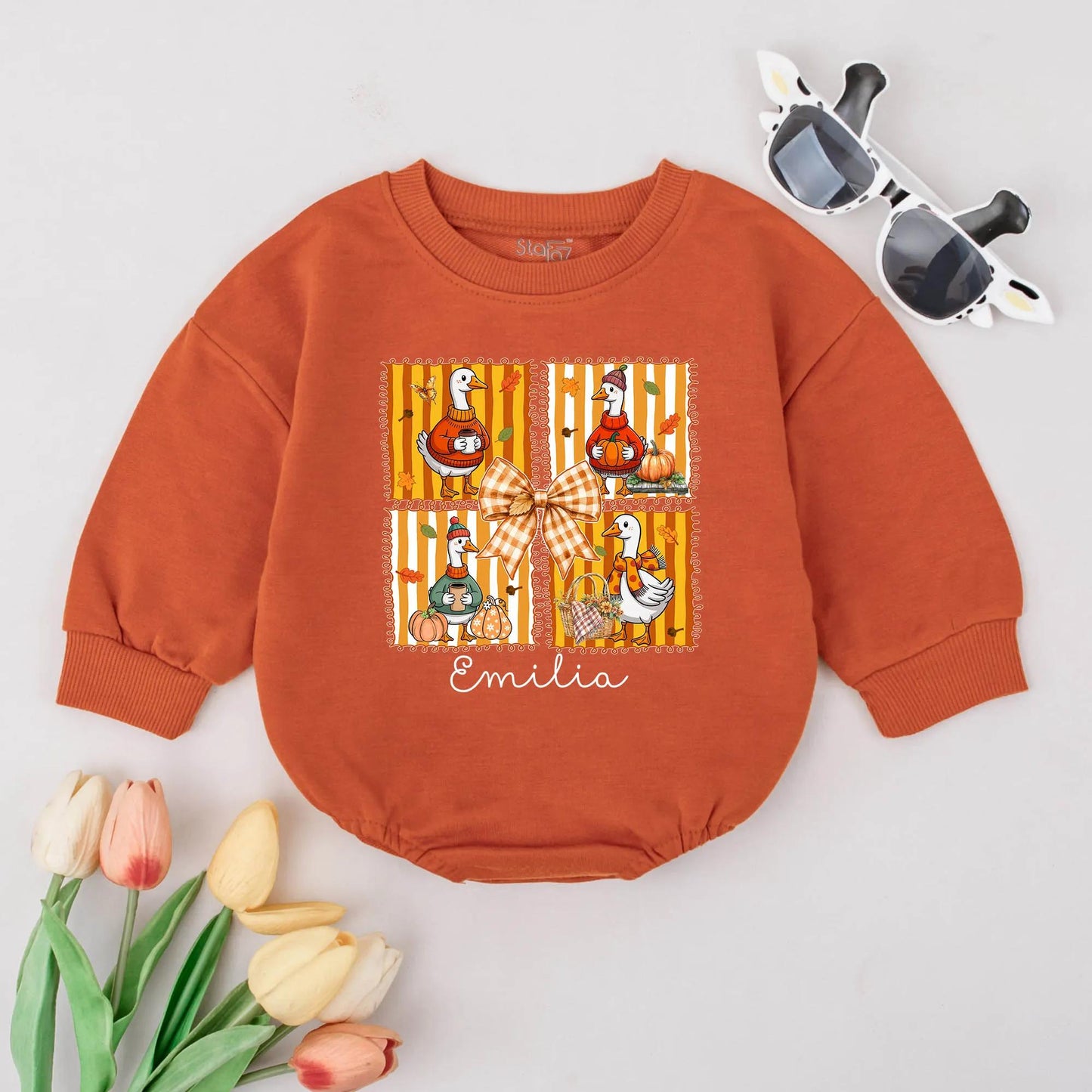 Personalized Cozy Goose Bubble Romper First Thanksgiving Baby Outfit with Orange Yellow Autumn Geese, Pumpkins, Festive Bow & Name Emilia