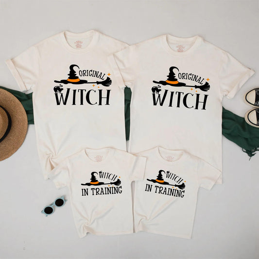 Matching Family Halloween Shirts: Witch & Witch in Training Set - Cute Spooky Fall T-Shirts for Mom and Kids - Perfect Halloween Costume Outfit