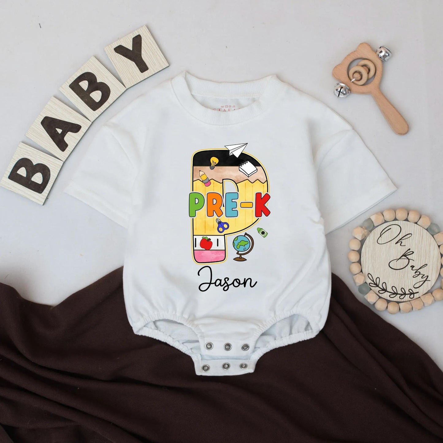 Personalized Kindergarten Shirt with Name, Colorful Bubble K Design, School Icons, First Day of School Outfit for Toddler Boys