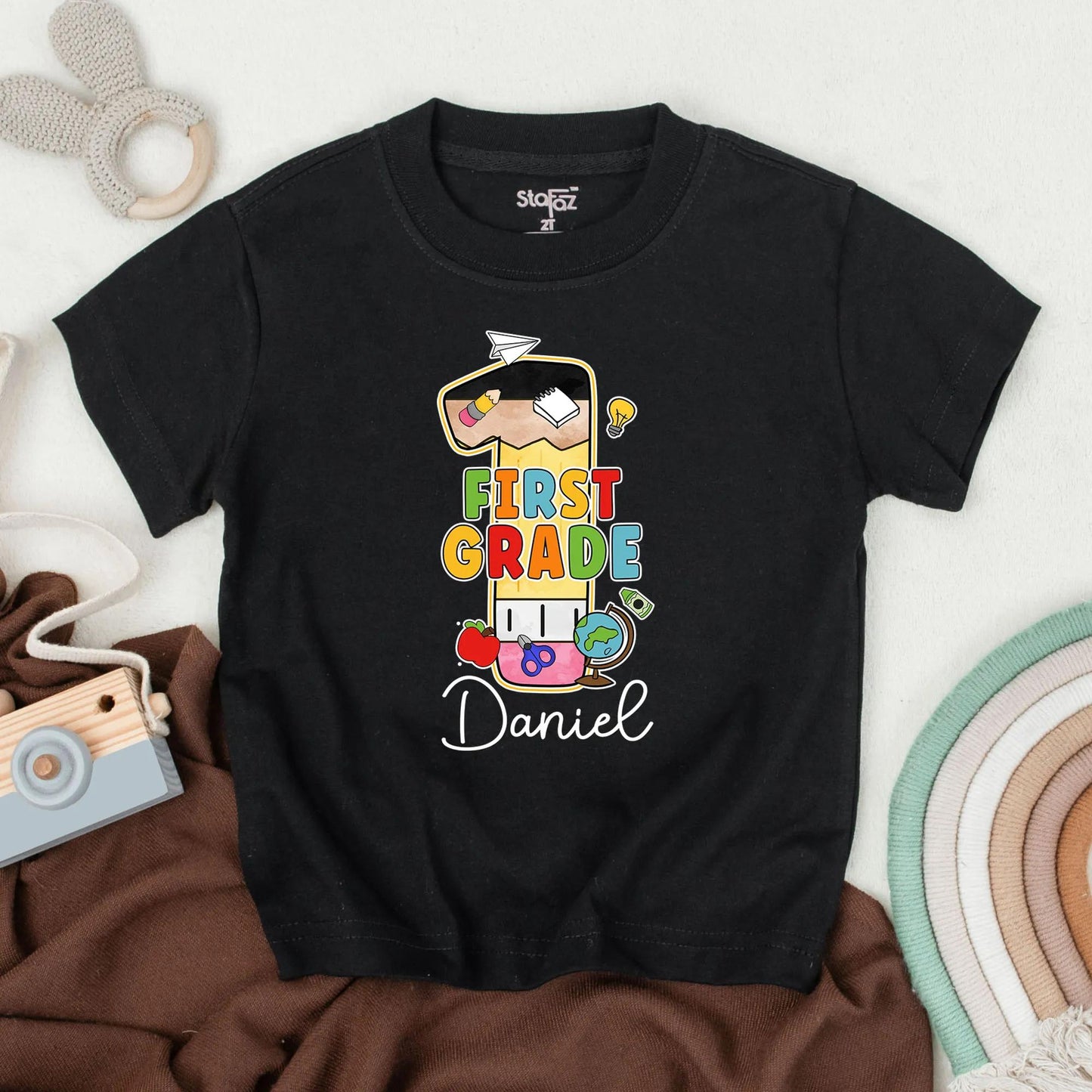Personalized Kindergarten Shirt with Name, Colorful Bubble K Design, School Icons, First Day of School Outfit for Toddler Boys