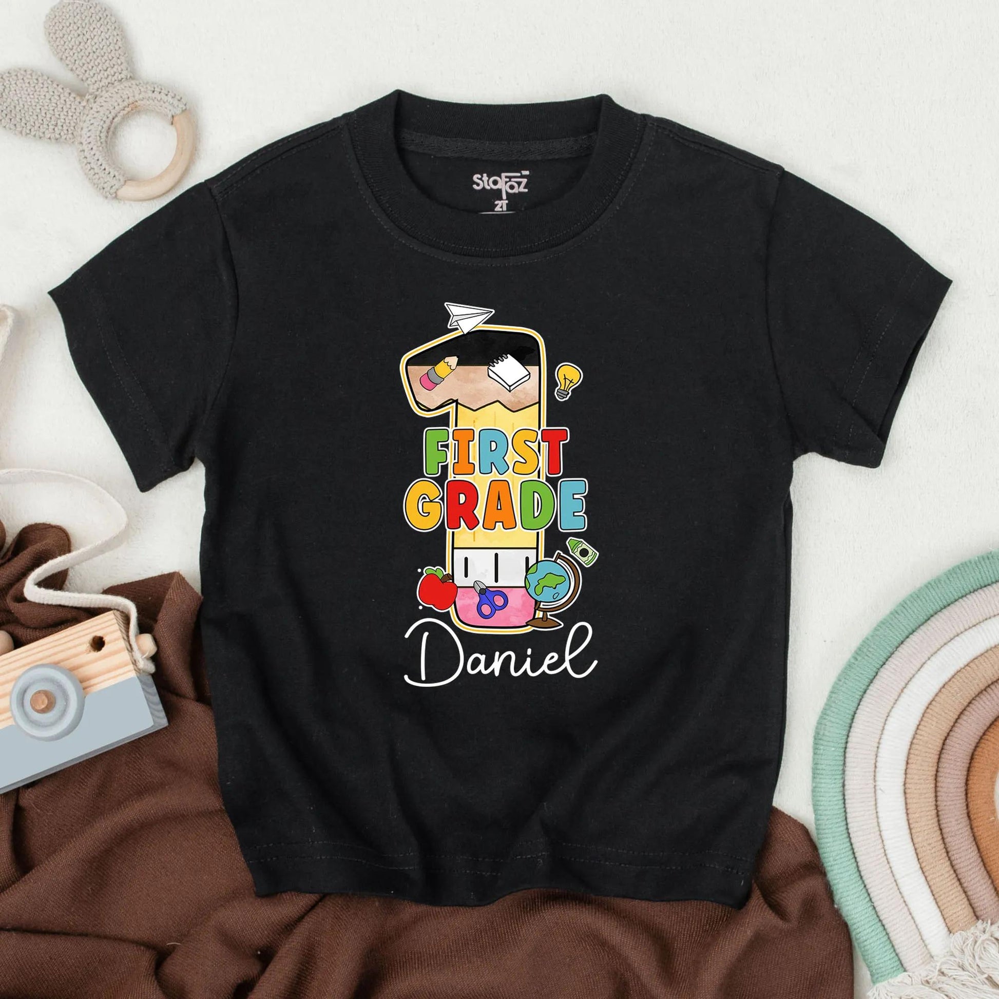 Personalized Kindergarten Shirt with Name, Colorful Bubble K Design, School Icons, First Day of School Outfit for Toddler Boys