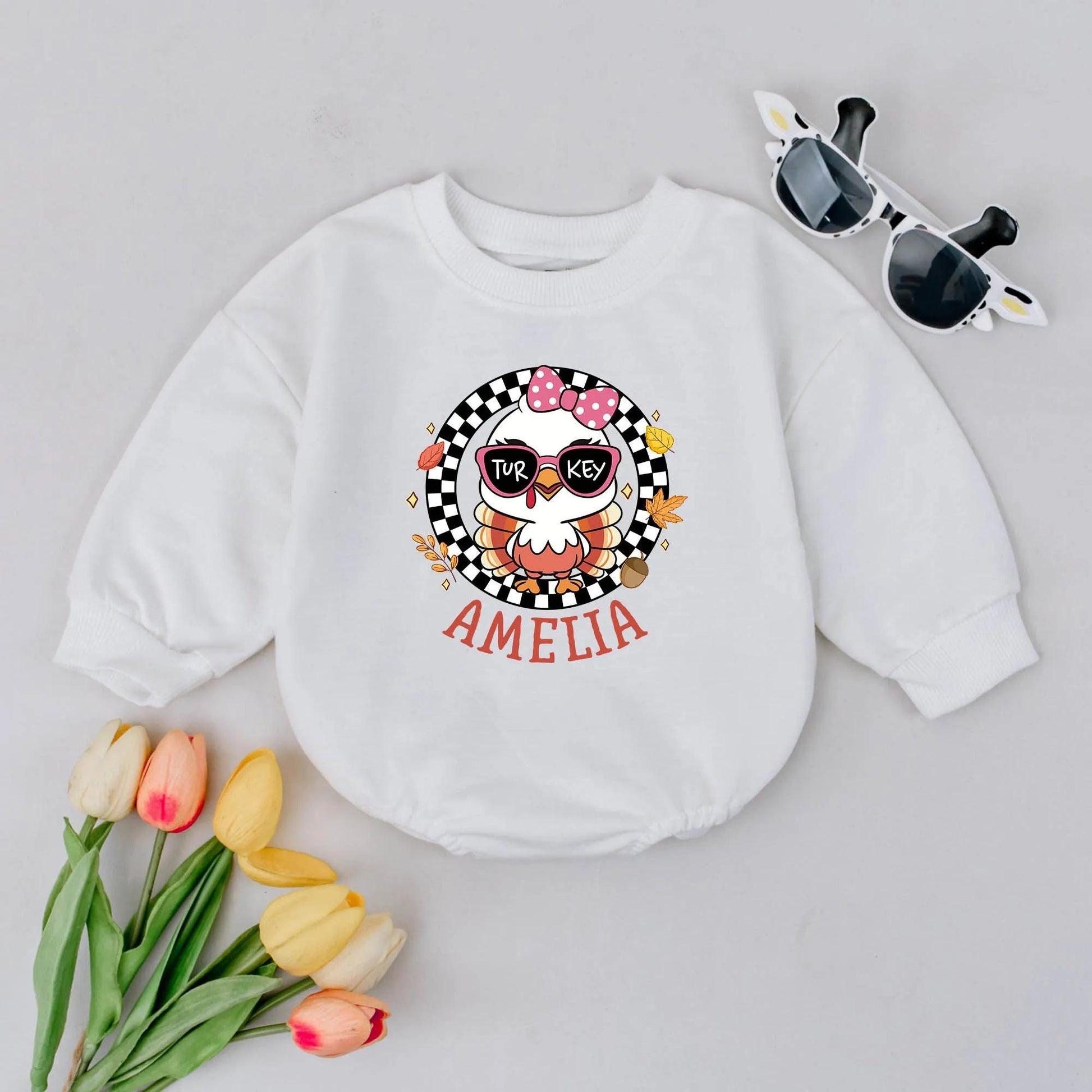 Amelia's First Thanksgiving Outfit! Funny Turkey Bodysuit with Sunglasses & Bow Personalized Fall Baby Romper Newborn Thanksgiving Gift Clothes 136