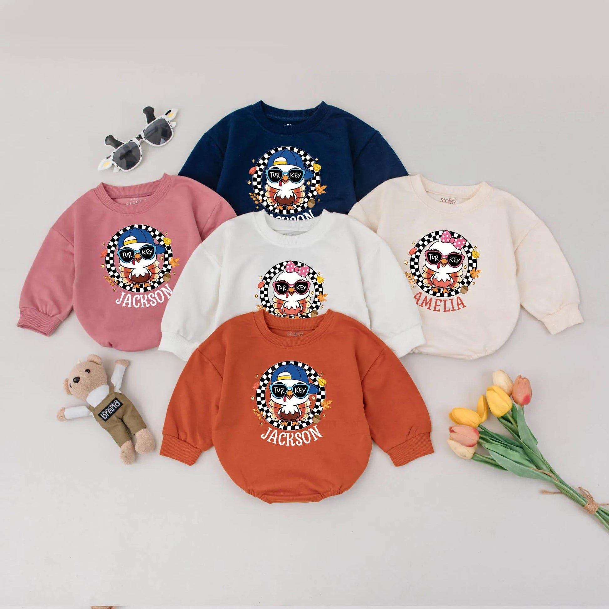 Amelia's First Thanksgiving Outfit! Funny Turkey Bodysuit with Sunglasses & Bow Personalized Fall Baby Romper Newborn Thanksgiving Gift Clothes 136