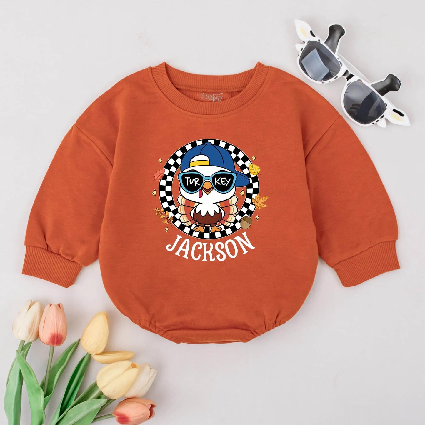 Amelia's First Thanksgiving Outfit! Funny Turkey Bodysuit with Sunglasses & Bow Personalized Fall Baby Romper Newborn Thanksgiving Gift Clothes 136