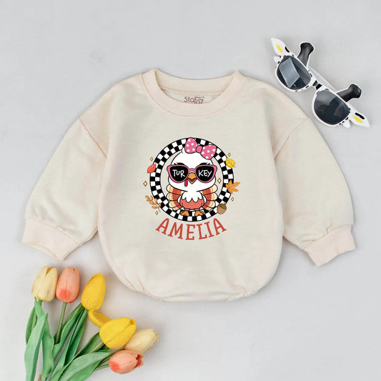 Amelia's First Thanksgiving Outfit! Funny Turkey Bodysuit with Sunglasses & Bow Personalized Fall Baby Romper Newborn Thanksgiving Gift Clothes 136