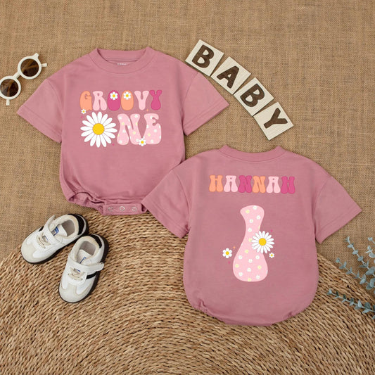 Groovy One Birthday Baby Romper, Boho Daisy First Birthday Outfit for Girl, Retro 70s Style, Pink Orange Purple, One Year Old Gift
