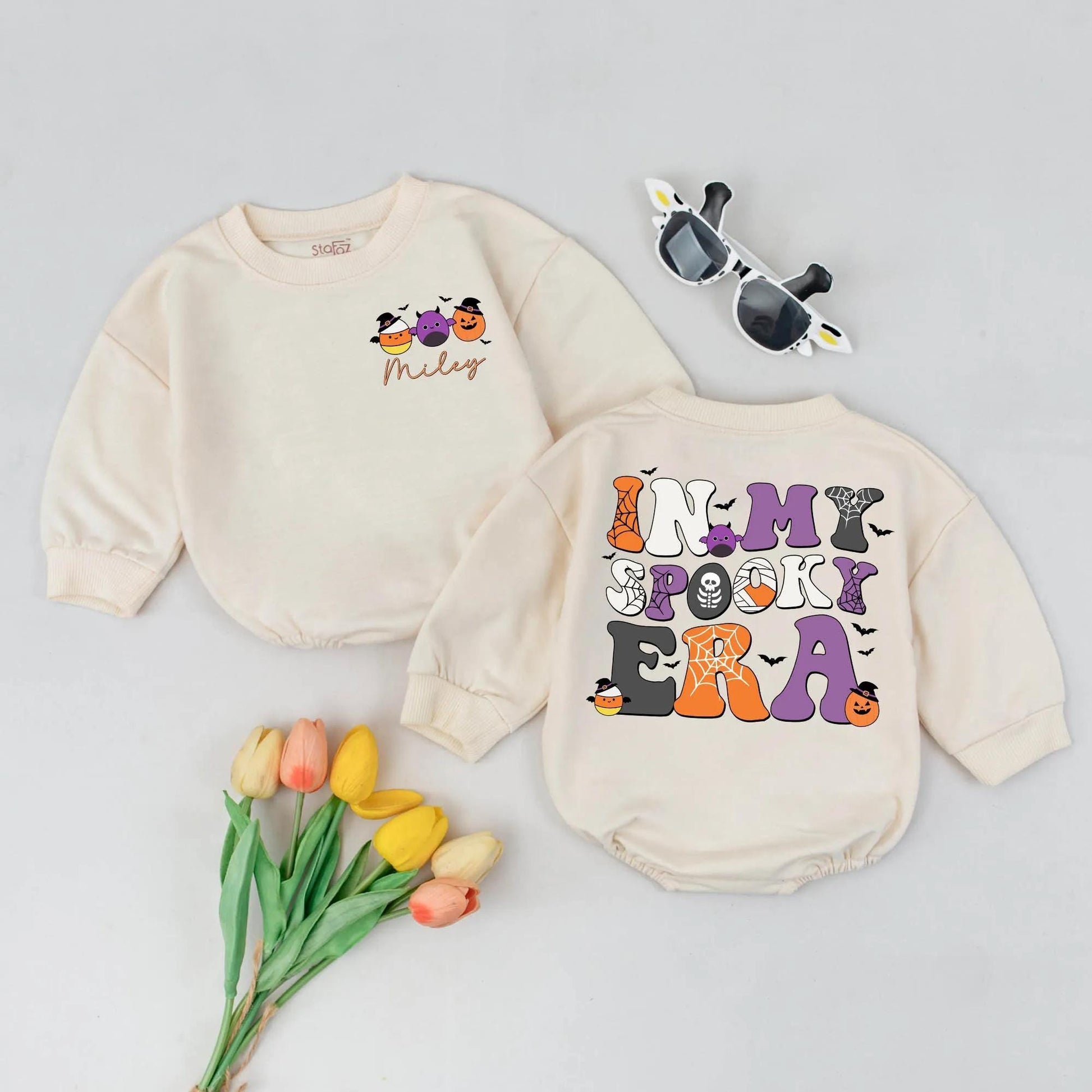 Personalized In My Spooky Era Bubble Romper Cute First Halloween Baby Outfit Spooky Season Fall Bodysuit Retro Whimsical Ghost Pumpkin Bat Gift