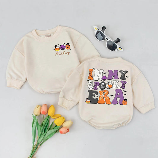 Personalized In My Spooky Era Bubble Romper Cute First Halloween Baby Outfit Spooky Season Fall Bodysuit Retro Whimsical Ghost Pumpkin Bat Gift