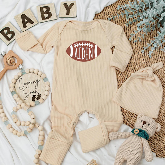 Personalized Football Romper for Aiden, Baby Boy's Game Day Outfit, Custom Newborn Clothes, Adorable Football Gift Set, Soft Cotton Bodysuit 138
