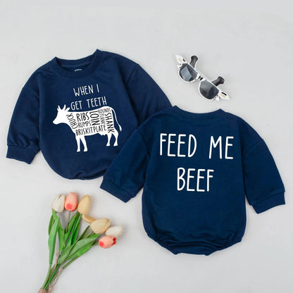 When I Get Teeth Feed Me Beef Funny Cow Infant Bubble Romper Cute Farm Baby Bodysuit Modern Humorous Baby Shower Gift Newborn Clothes