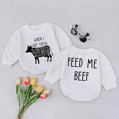 When I Get Teeth Feed Me Beef Funny Cow Infant Bubble Romper Cute Farm Baby Bodysuit Modern Humorous Baby Shower Gift Newborn Clothes