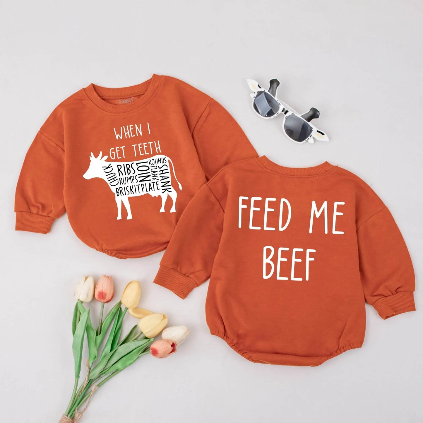 When I Get Teeth Feed Me Beef Funny Cow Infant Bubble Romper Cute Farm Baby Bodysuit Modern Humorous Baby Shower Gift Newborn Clothes