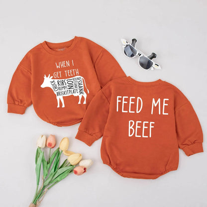 When I Get Teeth Feed Me Beef Funny Cow Infant Bubble Romper Cute Farm Baby Bodysuit Modern Humorous Baby Shower Gift Newborn Clothes