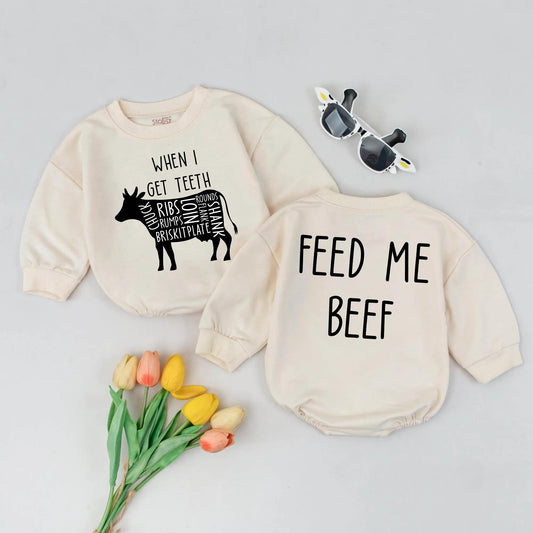When I Get Teeth Feed Me Beef Funny Cow Infant Bubble Romper Cute Farm Baby Bodysuit Modern Humorous Baby Shower Gift Newborn Clothes