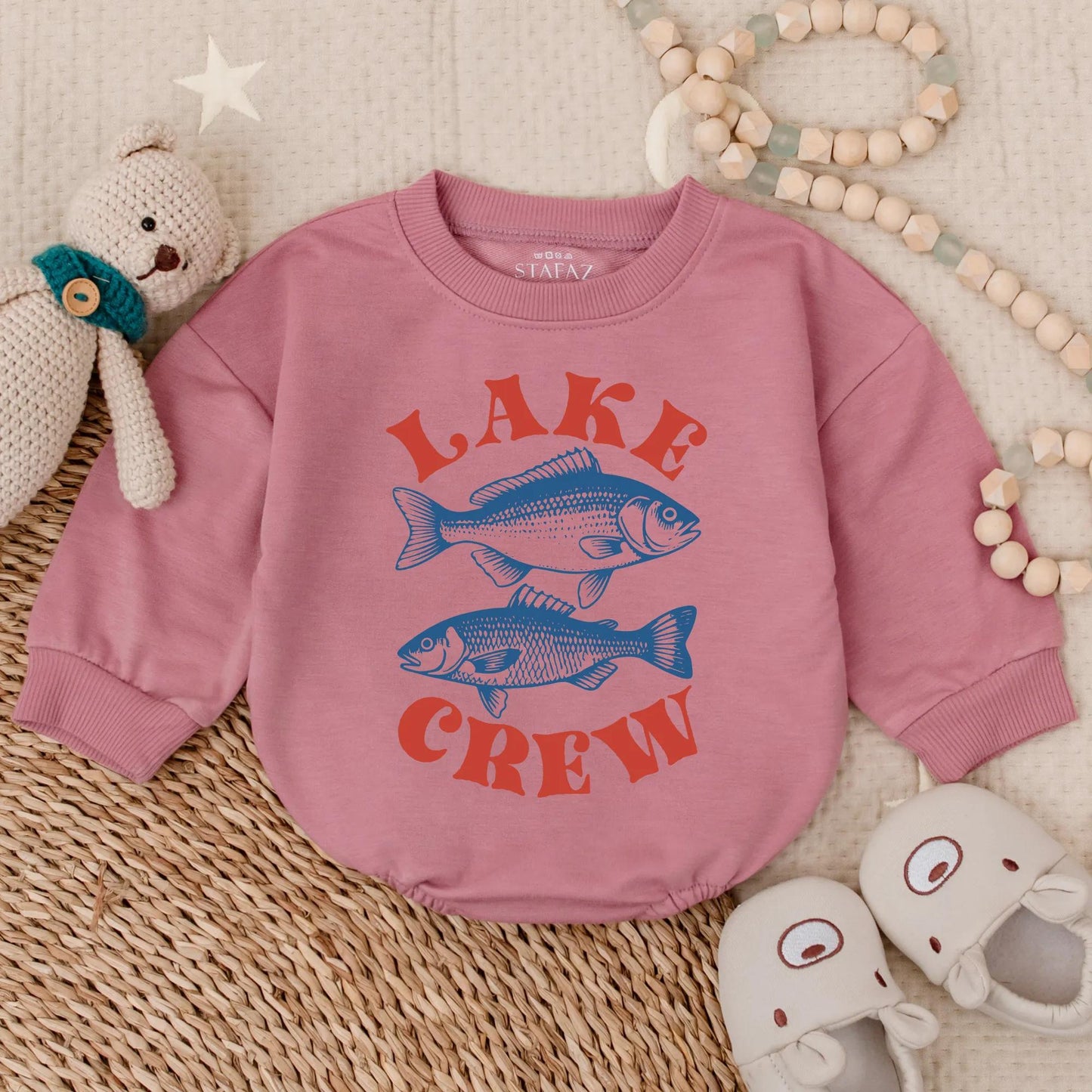 Playful Lake Crew Baby Bubble Romper Two Blue Fish Design Summer Family Lake Vacation Outfit Vintage Style Fishing Trip Adventure Apparel