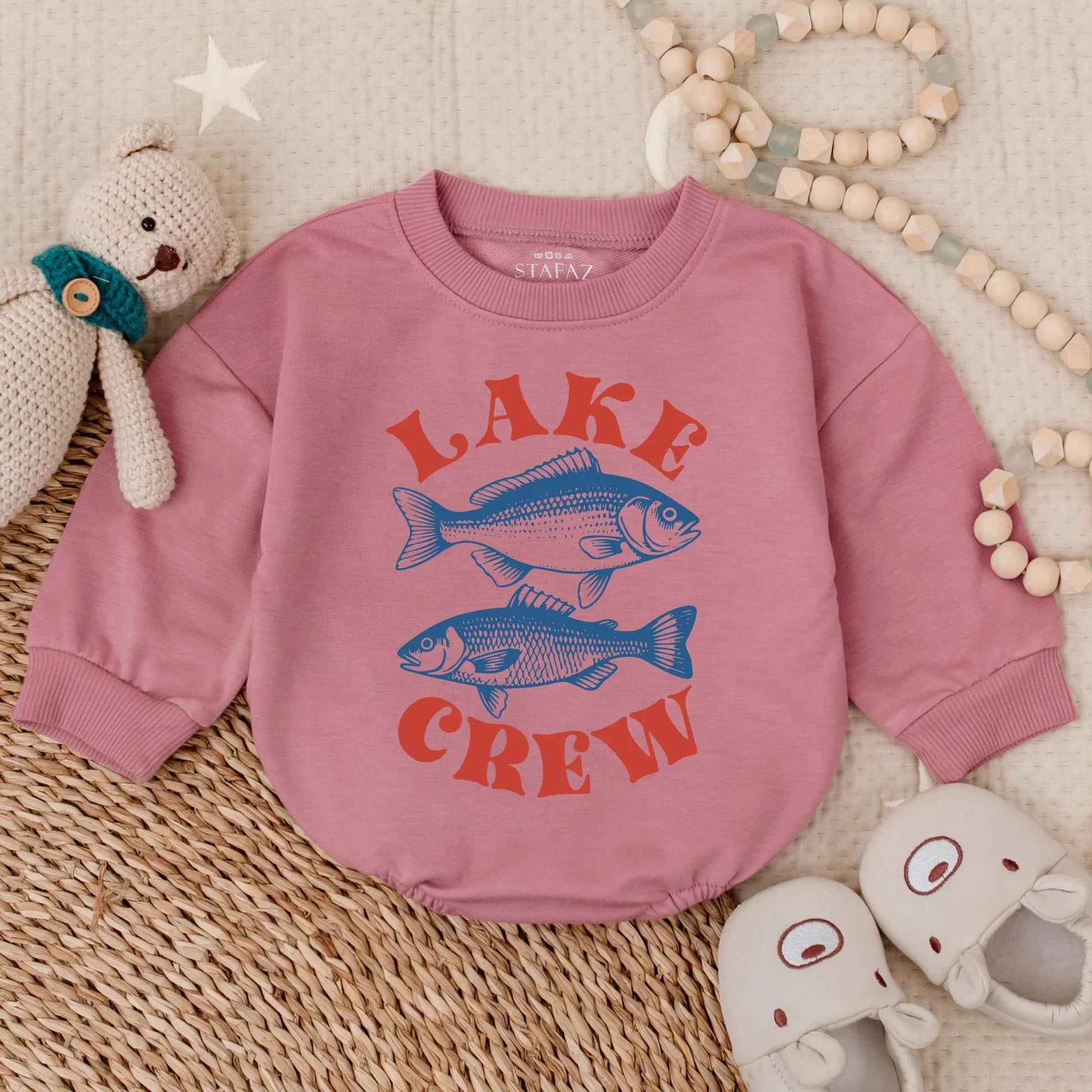 Playful Lake Crew Baby Bubble Romper Two Blue Fish Design Summer Family Lake Vacation Outfit Vintage Style Fishing Trip Adventure Apparel