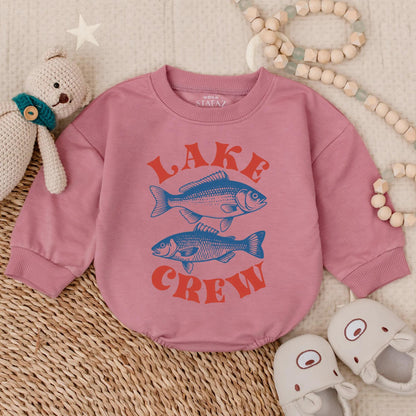 Playful Lake Crew Baby Bubble Romper Two Blue Fish Design Summer Family Lake Vacation Outfit Vintage Style Fishing Trip Adventure Apparel