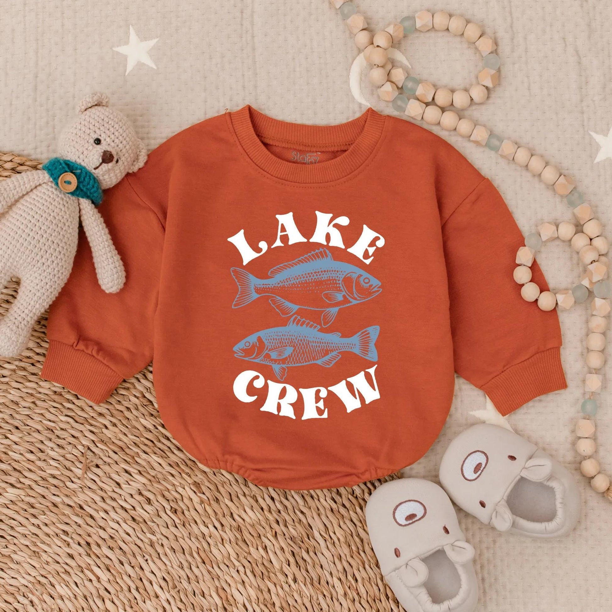 Playful Lake Crew Baby Bubble Romper Two Blue Fish Design Summer Family Lake Vacation Outfit Vintage Style Fishing Trip Adventure Apparel