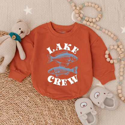 Playful Lake Crew Baby Bubble Romper Two Blue Fish Design Summer Family Lake Vacation Outfit Vintage Style Fishing Trip Adventure Apparel