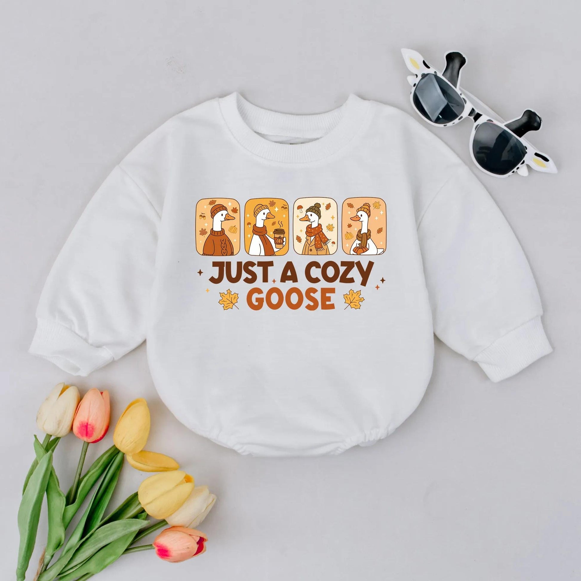 Cozy Goose Bubble Romper Autumn Thanksgiving Outfit for Baby Girl or Boy Funny Fall Newborn Clothes Maple Leaf 1st Thanksgiving Shower Gift 138