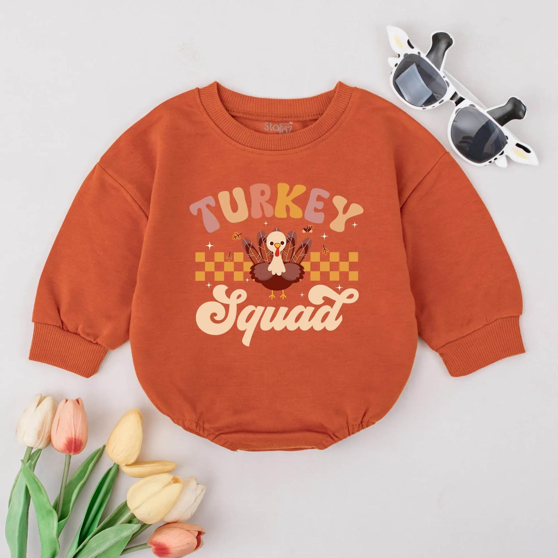 Cute Turkey Squad First Thanksgiving Baby Bubble Romper Newborn Outfit Funny Fall Gift Retro Brown Orange Yellow Checkered Stripes Accents