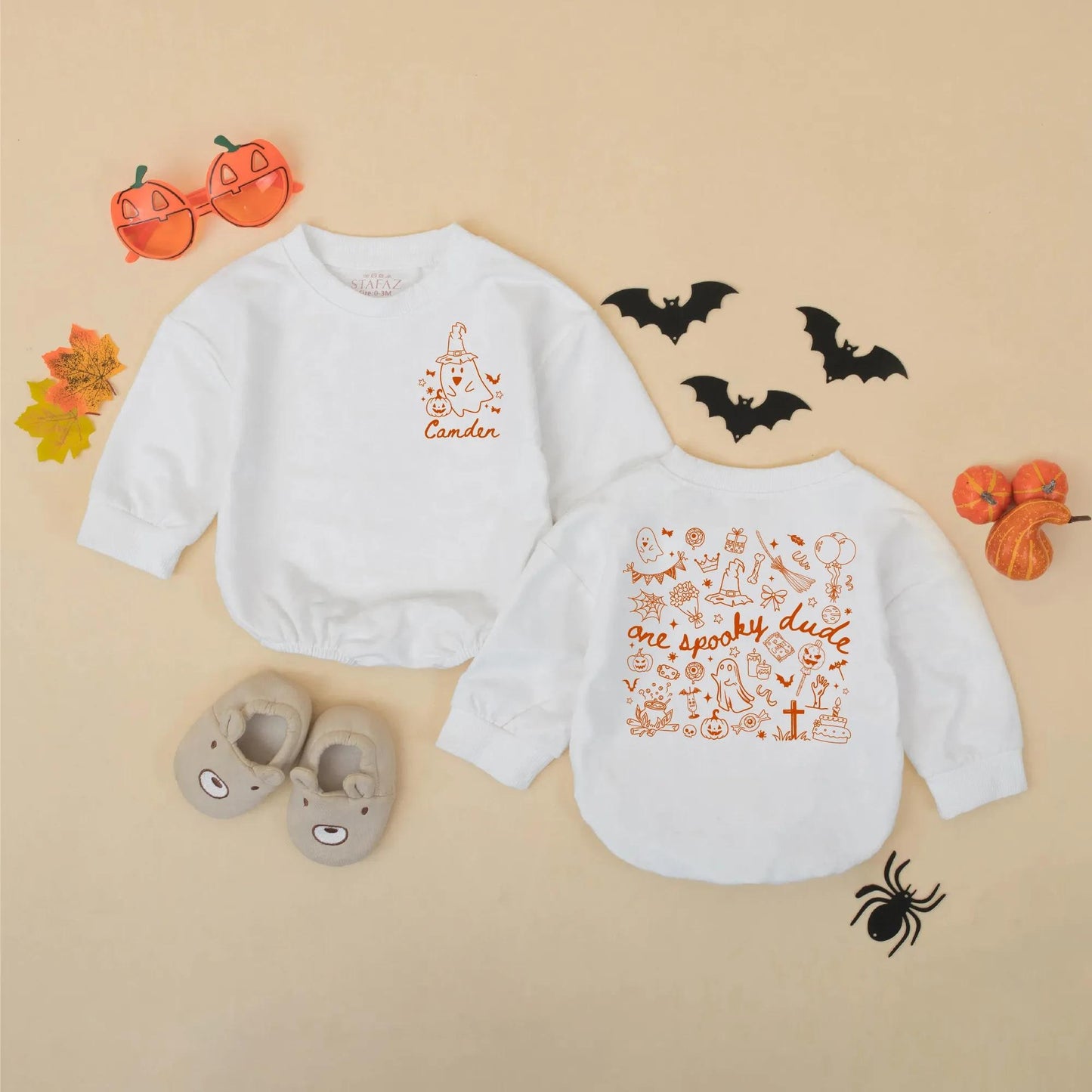 Personalized Spooky Dude Romper: Custom Halloween Baby Outfit with Ghost & Pumpkin Design, Birthday Bodysuit, First Halloween Gift, Fall Clothes 138