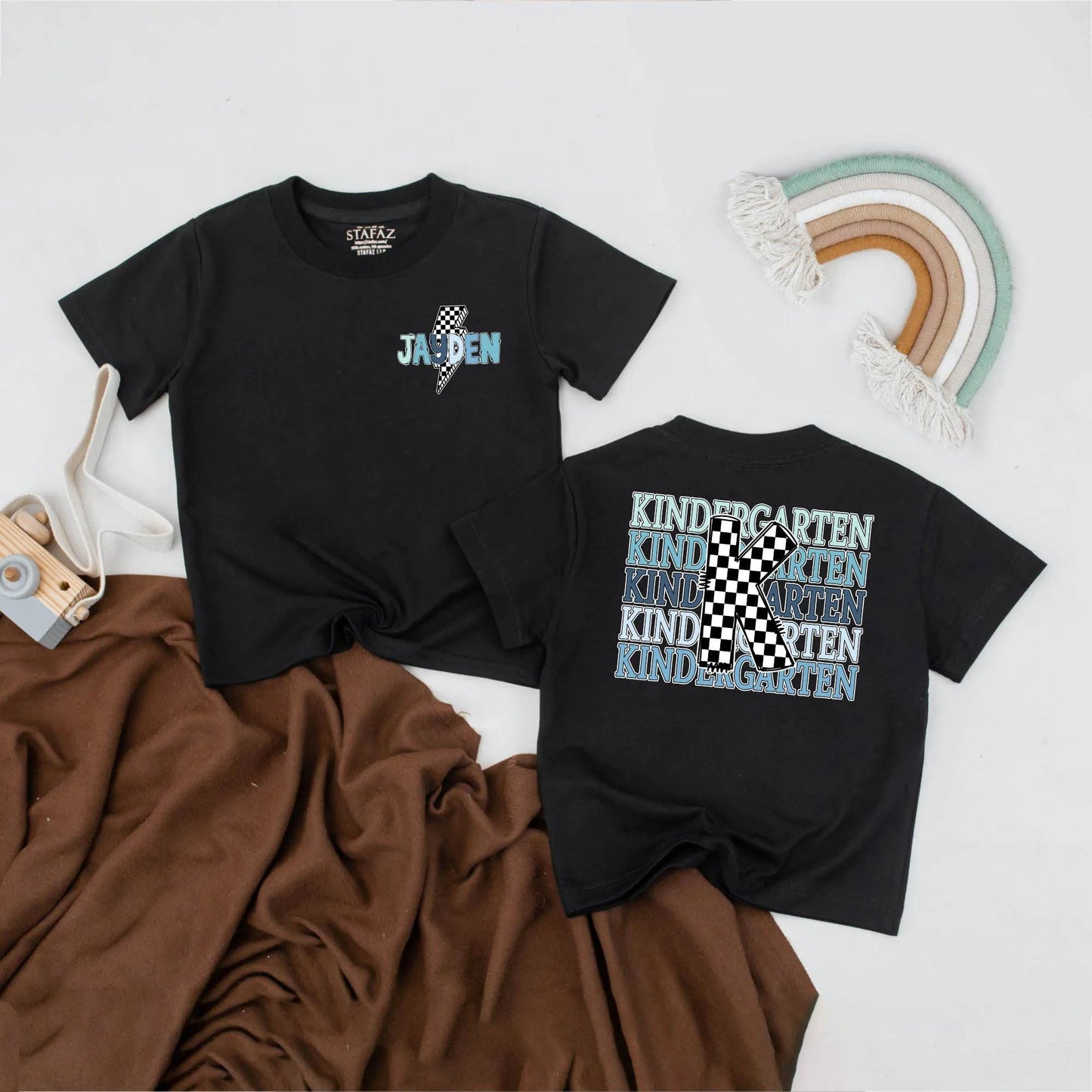 Personalized Boys Kindergarten Shirt Custom Name Back to School T-Shirt Blue Lightning Bolt Checkerboard K Stacked Kindergarten Design