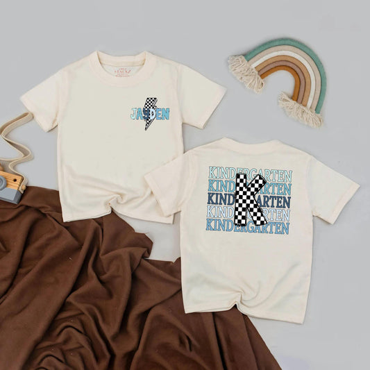 Personalized Boys Kindergarten Shirt Custom Name Back to School T-Shirt Blue Lightning Bolt Checkerboard K Stacked Kindergarten Design