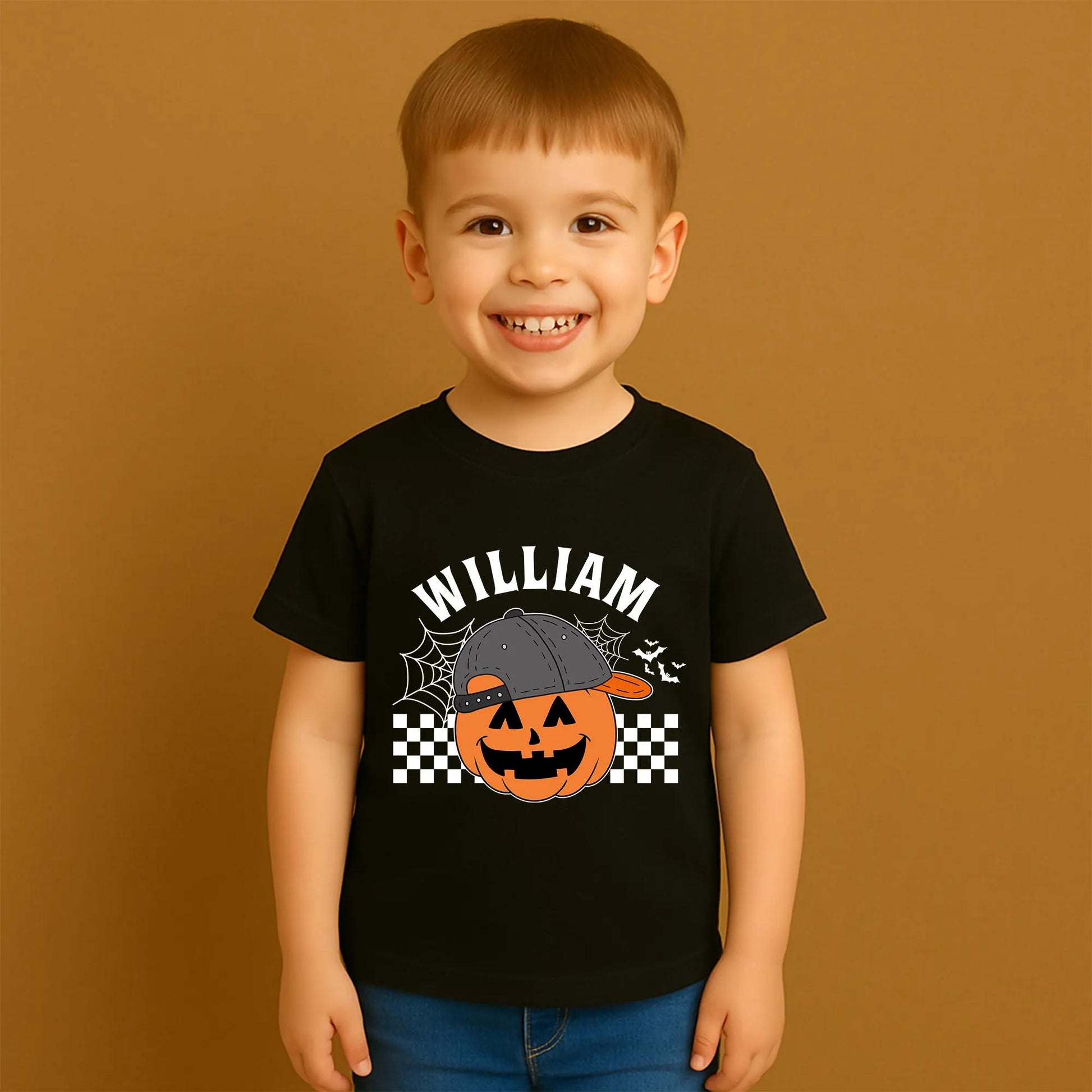 Personalized Cartoon Pumpkin Toddler Shirt with Name Backwards Cap Design Retro Halloween Boy Tee Spooky Fun Checkered Flag Fall Apparel