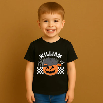 Personalized Cartoon Pumpkin Toddler Shirt with Name Backwards Cap Design Retro Halloween Boy Tee Spooky Fun Checkered Flag Fall Apparel