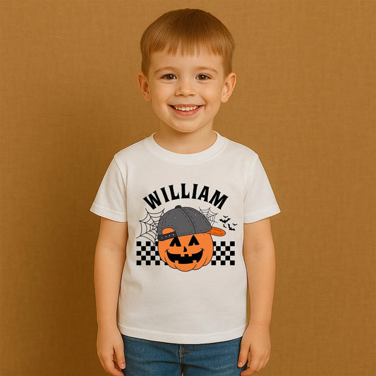 Personalized Cartoon Pumpkin Toddler Shirt with Name Backwards Cap Design Retro Halloween Boy Tee Spooky Fun Checkered Flag Fall Apparel