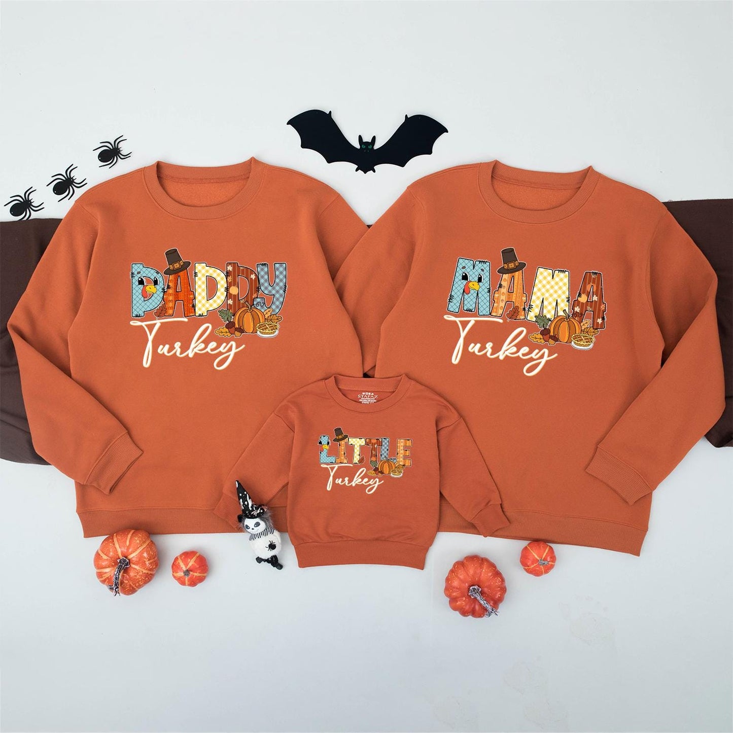 Matching Family Turkey Sweatshirt, Colorful Patchwork Thanksgiving Outfits, Funny Fall Shirt Set, Little Turkey Romper, Autumn Vibes Gifts (139 chars)