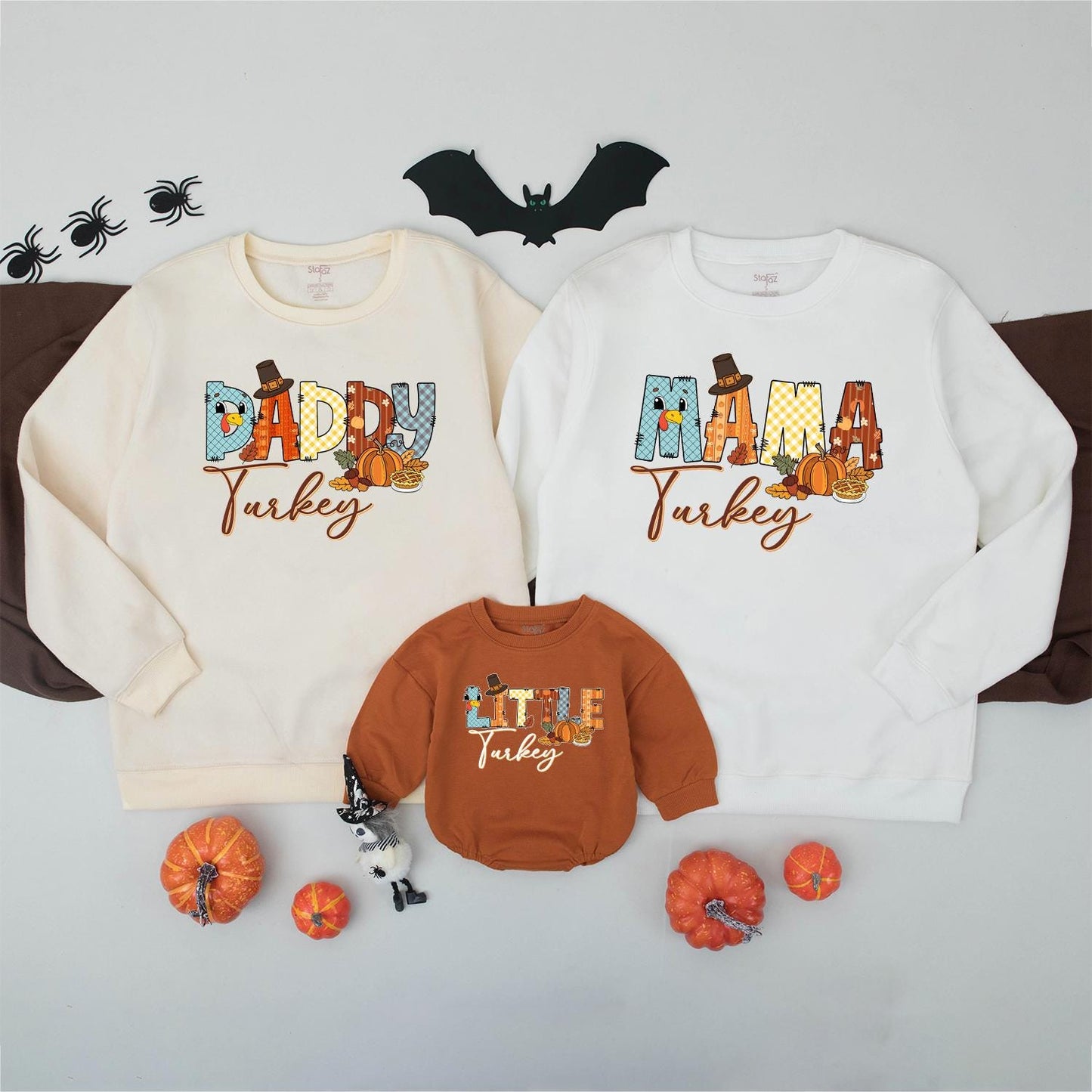 Matching Family Turkey Sweatshirt, Colorful Patchwork Thanksgiving Outfits, Funny Fall Shirt Set, Little Turkey Romper, Autumn Vibes Gifts (139 chars)
