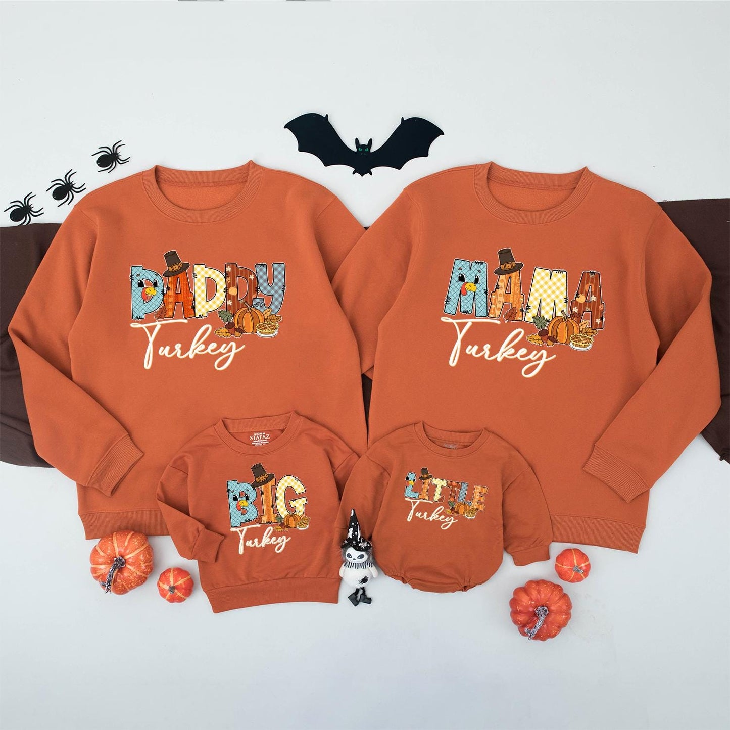 Matching Family Turkey Sweatshirt, Colorful Patchwork Thanksgiving Outfits, Funny Fall Shirt Set, Little Turkey Romper, Autumn Vibes Gifts (139 chars)