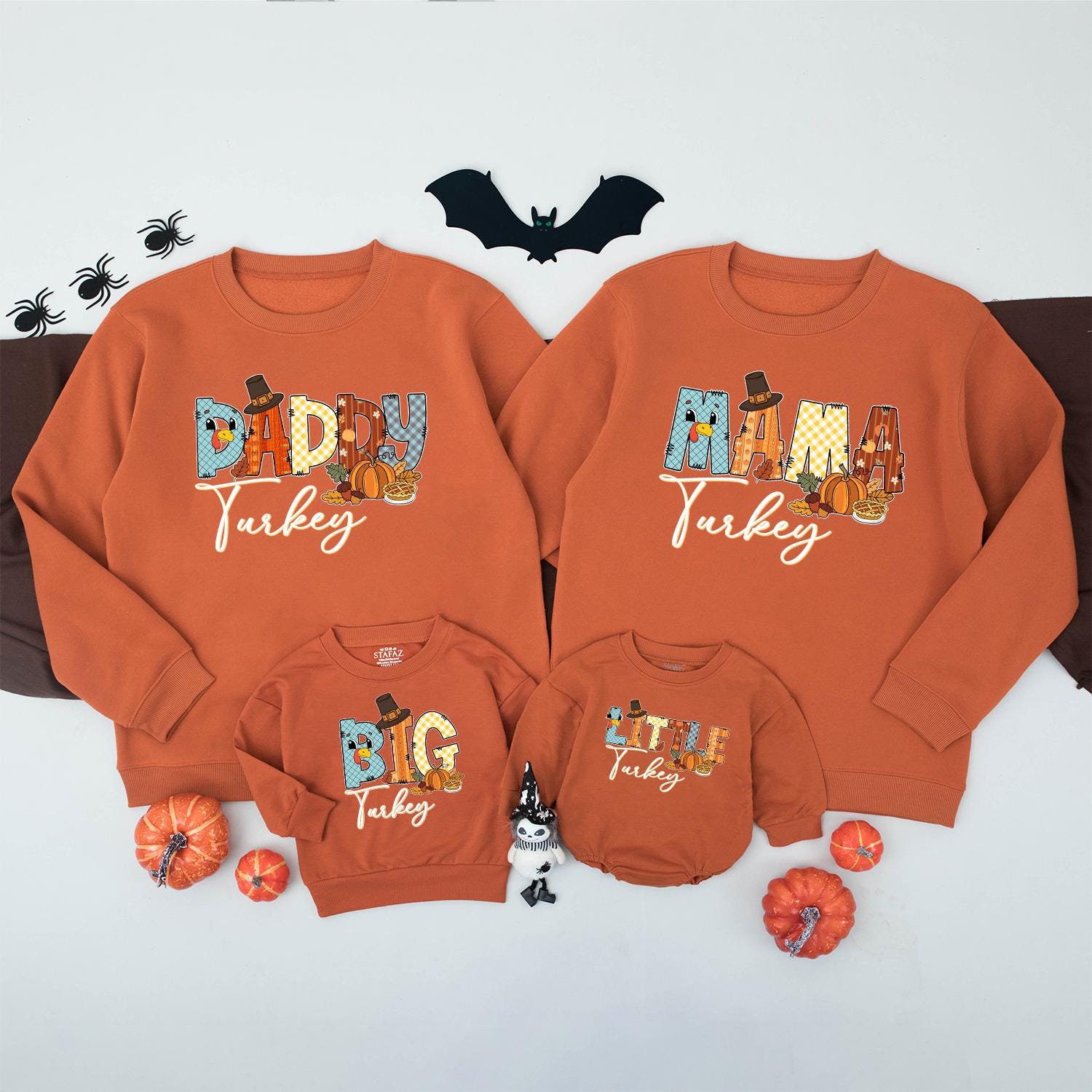 Matching Family Turkey Sweatshirt, Colorful Patchwork Thanksgiving Outfits, Funny Fall Shirt Set, Little Turkey Romper, Autumn Vibes Gifts (139 chars)