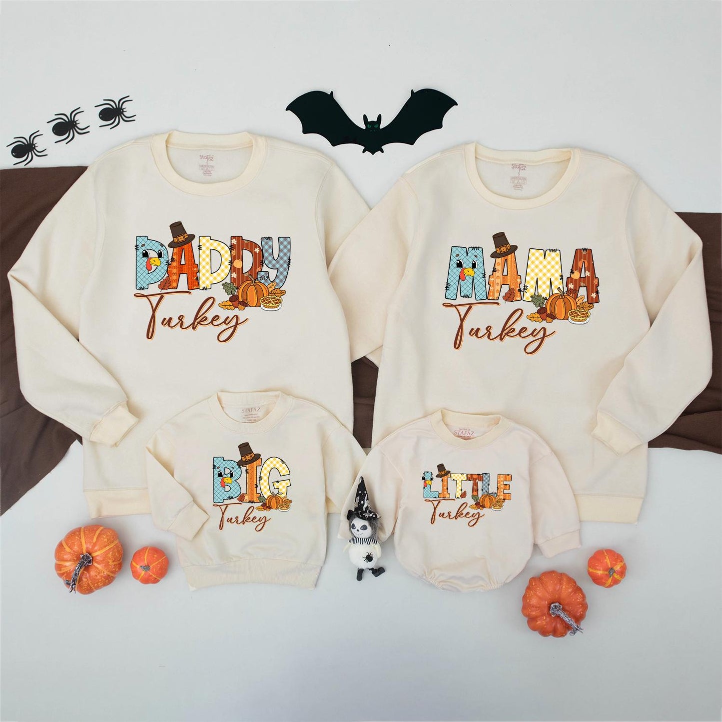 Matching Family Turkey Sweatshirt, Colorful Patchwork Thanksgiving Outfits, Funny Fall Shirt Set, Little Turkey Romper, Autumn Vibes Gifts (139 chars)