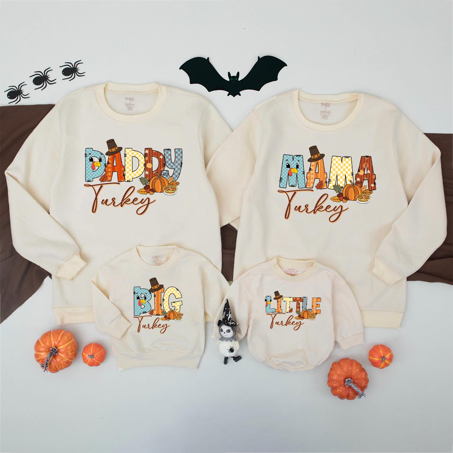Matching Family Turkey Sweatshirt, Colorful Patchwork Thanksgiving Outfits, Funny Fall Shirt Set, Little Turkey Romper, Autumn Vibes Gifts (139 chars)