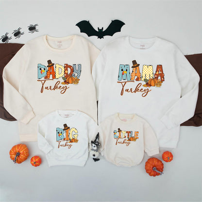 Matching Family Turkey Sweatshirt, Colorful Patchwork Thanksgiving Outfits, Funny Fall Shirt Set, Little Turkey Romper, Autumn Vibes Gifts (139 chars)