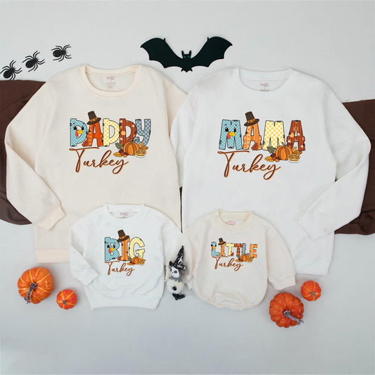 Matching Family Turkey Sweatshirt, Colorful Patchwork Thanksgiving Outfits, Funny Fall Shirt Set, Little Turkey Romper, Autumn Vibes Gifts (139 chars)