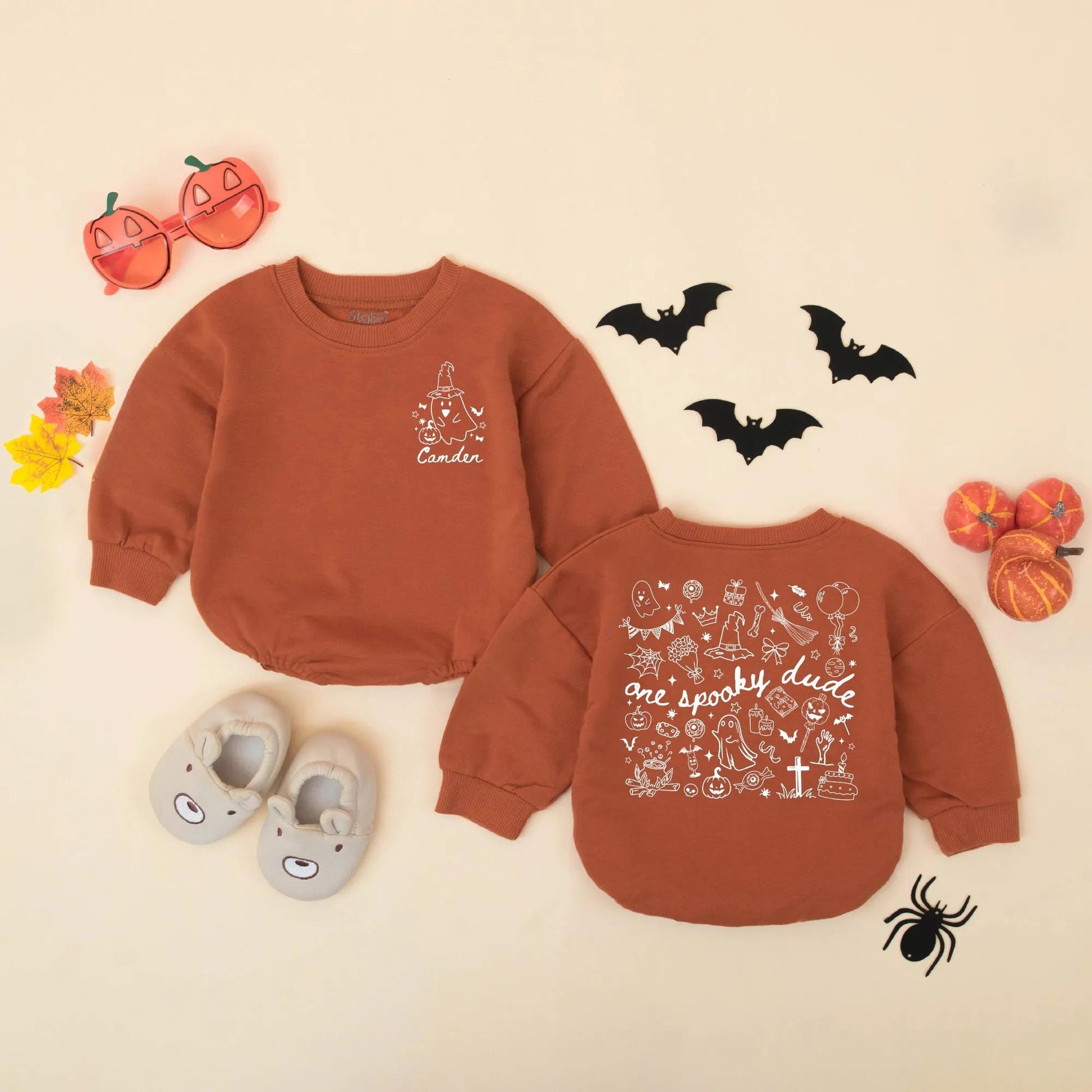 Personalized Spooky Dude Romper: Custom Halloween Baby Outfit with Ghost & Pumpkin Design, Birthday Bodysuit, First Halloween Gift, Fall Clothes 138