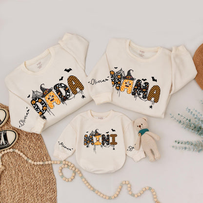 Matching Family Halloween Sweatshirts Spooky DADA MAMA MINI Graphic Orange Black White Witch Hat Dripping Cartoon Fall Outfits