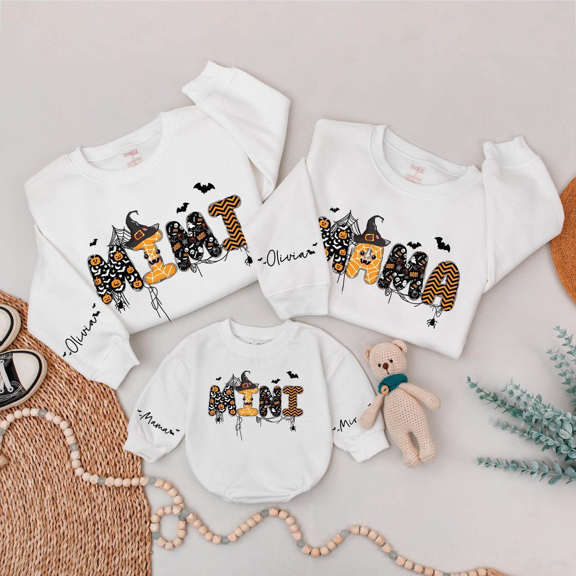 Matching Family Halloween Sweatshirts Spooky DADA MAMA MINI Graphic Orange Black White Witch Hat Dripping Cartoon Fall Outfits