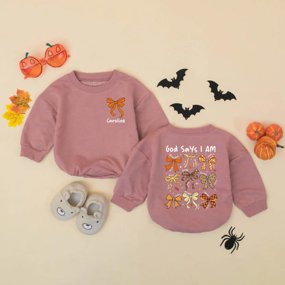 God Says I Am Fall Baby Romper: Beautiful, Loved, Unique. Rustic Thanksgiving Bows Bodysuit for Baby Girl, Autumn Religious Christian Gift, 138 chars